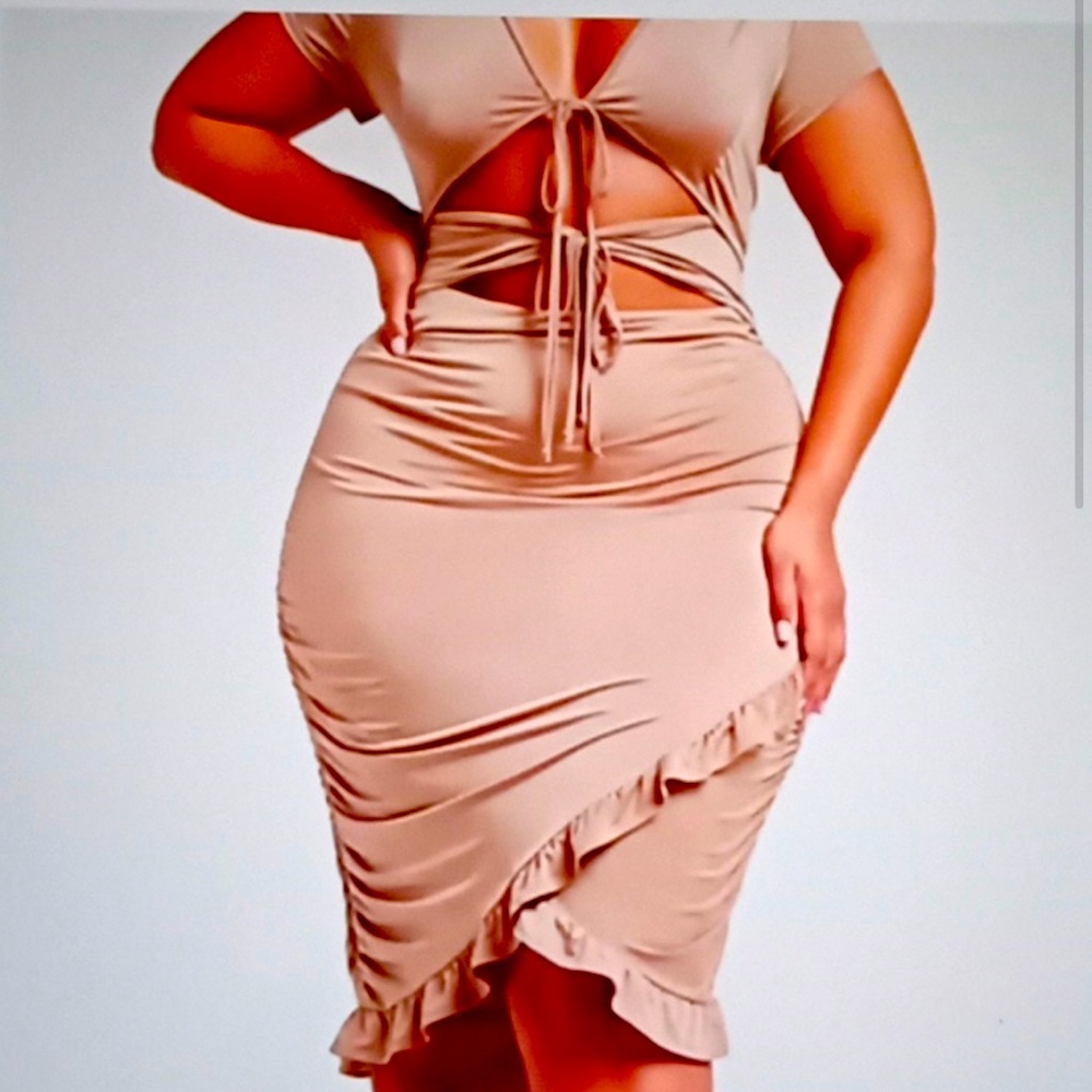 Women's Double Tie Front Midi Dress With Ruffle Hem In Camel